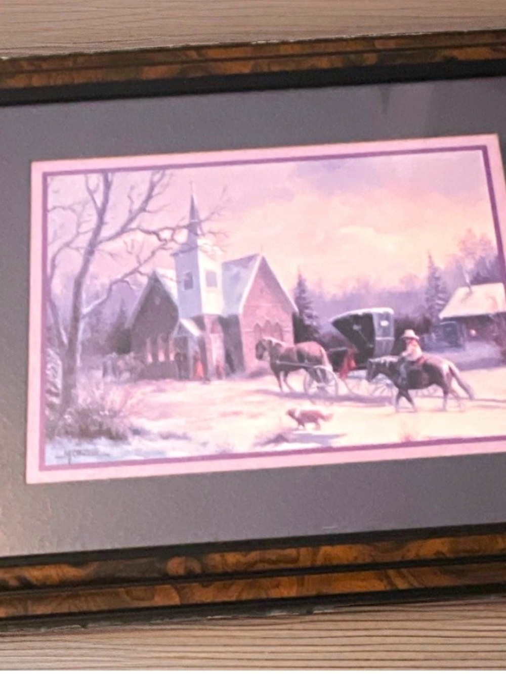 M Caroselli Vintage Winter Landscape Art Framed 1900s Snowy Country Church Scene